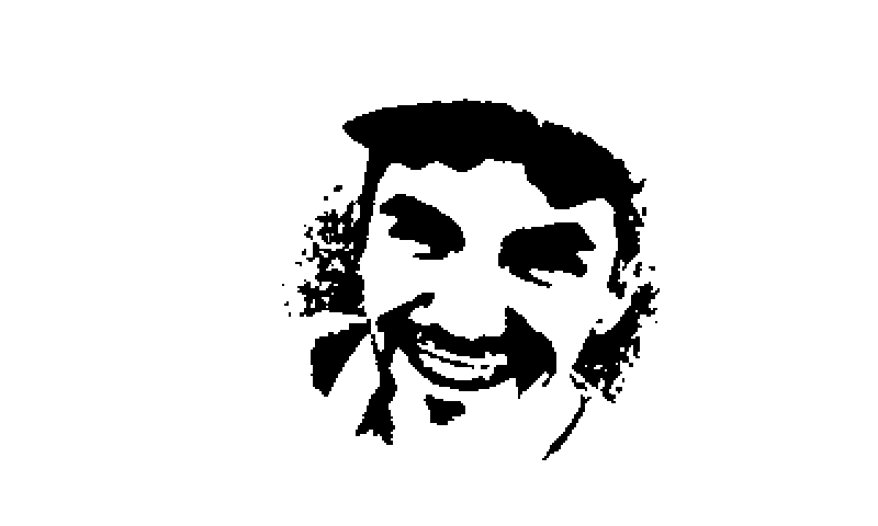 The same face in a bold, woodcut-style black-and-white card